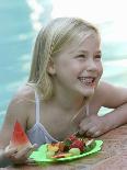Small Girl with Fresh Fruit at the Pool-Louise Hammond-Stretched Canvas