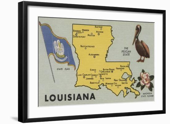 Louisiana - Detailed Map of State-Lantern Press-Framed Art Print