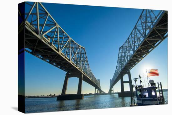Louisiana, New Orleans, Twin Cantilever Bridges, Mississippi River, Tugboat-John Coletti-Stretched Canvas
