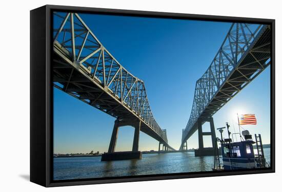 Louisiana, New Orleans, Twin Cantilever Bridges, Mississippi River, Tugboat-John Coletti-Framed Stretched Canvas