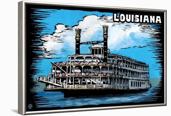 Louisiana - Paddle Wheeler Scratchboard-Lantern Press-Framed Art Print