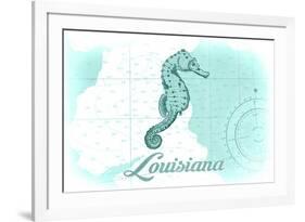 Louisiana - Seahorse - Teal - Coastal Icon-Lantern Press-Framed Premium Giclee Print