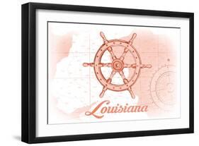 Louisiana - Ship Wheel - Coral - Coastal Icon-Lantern Press-Framed Art Print