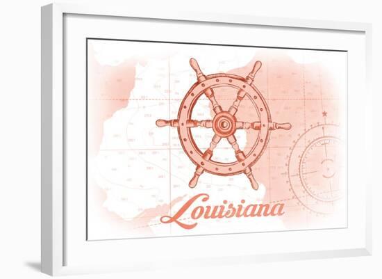 Louisiana - Ship Wheel - Coral - Coastal Icon-Lantern Press-Framed Art Print