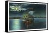 Louisville, Kentucky - Moonlight Scene on the Ohio River, Steamer Illuminated, c.1939-Lantern Press-Framed Stretched Canvas