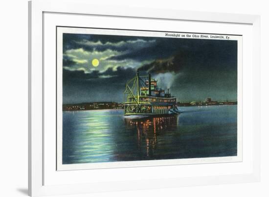 Louisville, Kentucky - Moonlight Scene on the Ohio River, Steamer Illuminated, c.1939-Lantern Press-Framed Premium Giclee Print
