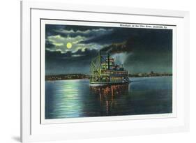Louisville, Kentucky - Moonlight Scene on the Ohio River, Steamer Illuminated, c.1939-Lantern Press-Framed Premium Giclee Print