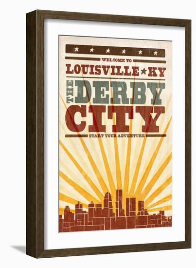 Louisville, Kentucky - Skyline and Sunburst Screenprint Style-Lantern Press-Framed Art Print