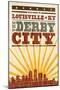 Louisville, Kentucky - Skyline and Sunburst Screenprint Style-Lantern Press-Mounted Art Print