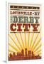 Louisville, Kentucky - Skyline and Sunburst Screenprint Style-Lantern Press-Framed Art Print