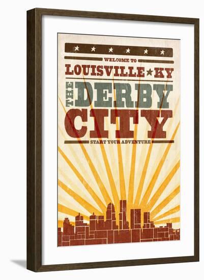 Louisville, Kentucky - Skyline and Sunburst Screenprint Style-Lantern Press-Framed Art Print