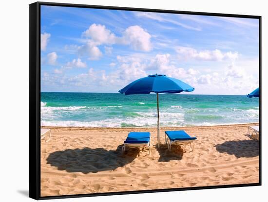 Lounge Chairs and Beach Umbrella on the Beach, Fort Lauderdale Beach, Florida, USA-null-Framed Stretched Canvas