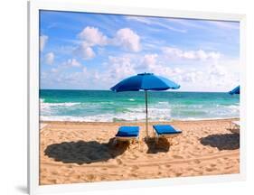 Lounge Chairs and Beach Umbrella on the Beach, Fort Lauderdale Beach, Florida, USA-null-Framed Premium Photographic Print