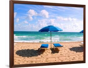 Lounge Chairs and Beach Umbrella on the Beach, Fort Lauderdale Beach, Florida, USA-null-Framed Premium Photographic Print