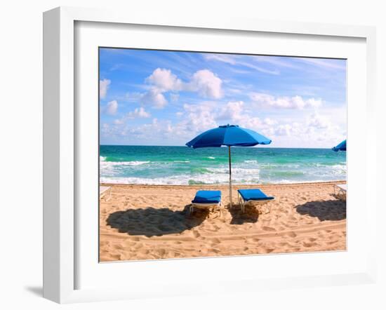 Lounge Chairs and Beach Umbrella on the Beach, Fort Lauderdale Beach, Florida, USA-null-Framed Photographic Print