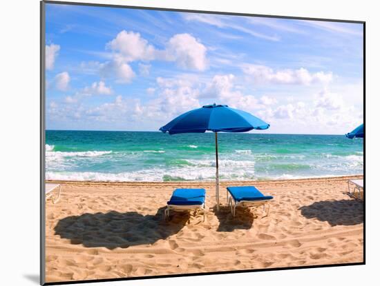 Lounge Chairs and Beach Umbrella on the Beach, Fort Lauderdale Beach, Florida, USA-null-Mounted Photographic Print