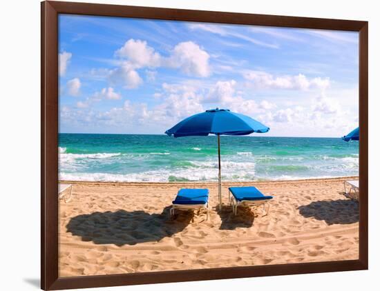 Lounge Chairs and Beach Umbrella on the Beach, Fort Lauderdale Beach, Florida, USA-null-Framed Photographic Print