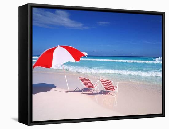 Lounge Chairs and Umbrella on the Beach-Bill Bachmann-Framed Stretched Canvas