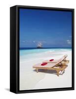 Lounge Chairs on Beach and Yacht, Maldives, Indian Ocean, Asia-Sakis Papadopoulos-Framed Stretched Canvas