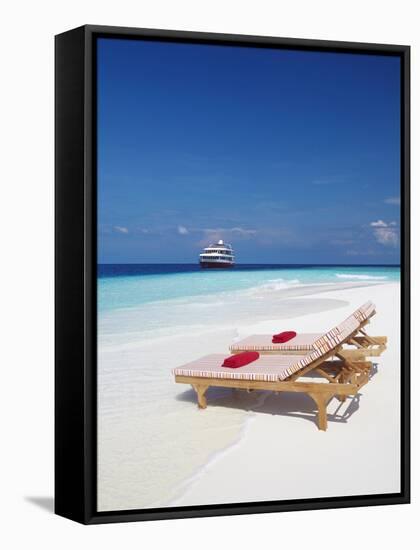 Lounge Chairs on Beach and Yacht, Maldives, Indian Ocean, Asia-Sakis Papadopoulos-Framed Stretched Canvas