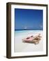 Lounge Chairs on Beach and Yacht, Maldives, Indian Ocean, Asia-Sakis Papadopoulos-Framed Photographic Print