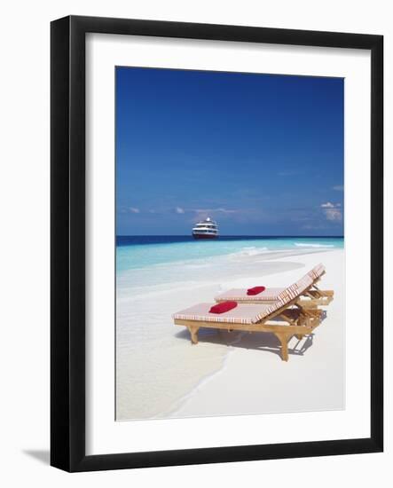 Lounge Chairs on Beach and Yacht, Maldives, Indian Ocean, Asia-Sakis Papadopoulos-Framed Photographic Print