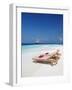 Lounge Chairs on Beach and Yacht, Maldives, Indian Ocean, Asia-Sakis Papadopoulos-Framed Photographic Print