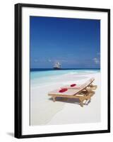 Lounge Chairs on Beach and Yacht, Maldives, Indian Ocean, Asia-Sakis Papadopoulos-Framed Photographic Print
