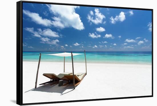 Lounge chairs on tropical white sandy beach, The Maldives, Indian Ocean, Asia-Sakis Papadopoulos-Framed Stretched Canvas