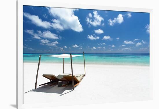 Lounge chairs on tropical white sandy beach, The Maldives, Indian Ocean, Asia-Sakis Papadopoulos-Framed Photographic Print