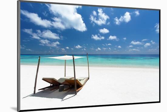 Lounge chairs on tropical white sandy beach, The Maldives, Indian Ocean, Asia-Sakis Papadopoulos-Mounted Photographic Print