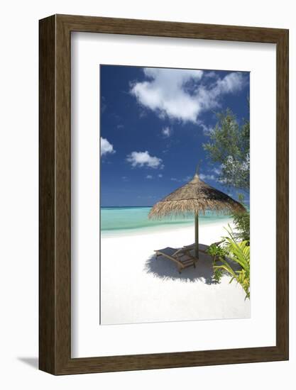 Lounge Chairs under Shade of Umbrella on Tropical Beach, Maldives, Indian Ocean, Asia-Sakis Papadopoulos-Framed Photographic Print