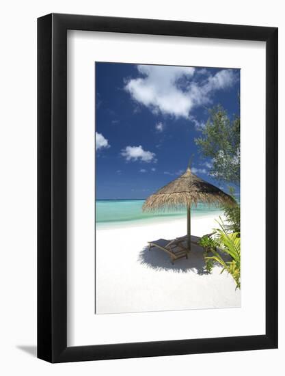Lounge Chairs under Shade of Umbrella on Tropical Beach, Maldives, Indian Ocean, Asia-Sakis Papadopoulos-Framed Photographic Print