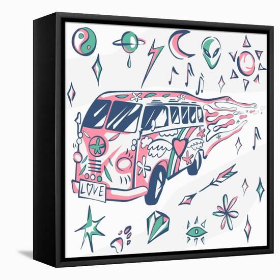 Love Bus Vector Poster. Hippie Car, Mini Van with Different Symbols. Retro Colors. Psychedelic Conc-INAMEL-Framed Stretched Canvas