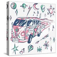 Love Bus Vector Poster. Hippie Car, Mini Van with Different Symbols. Retro Colors. Psychedelic Conc-INAMEL-Stretched Canvas