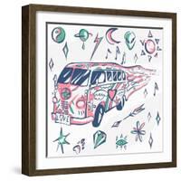 Love Bus Vector Poster. Hippie Car, Mini Van with Different Symbols. Retro Colors. Psychedelic Conc-INAMEL-Framed Art Print