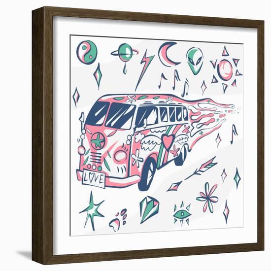 Love Bus Vector Poster. Hippie Car, Mini Van with Different Symbols. Retro Colors. Psychedelic Conc-INAMEL-Framed Art Print