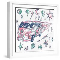 Love Bus Vector Poster. Hippie Car, Mini Van with Different Symbols. Retro Colors. Psychedelic Conc-INAMEL-Framed Art Print