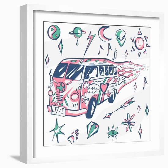 Love Bus Vector Poster. Hippie Car, Mini Van with Different Symbols. Retro Colors. Psychedelic Conc-INAMEL-Framed Art Print