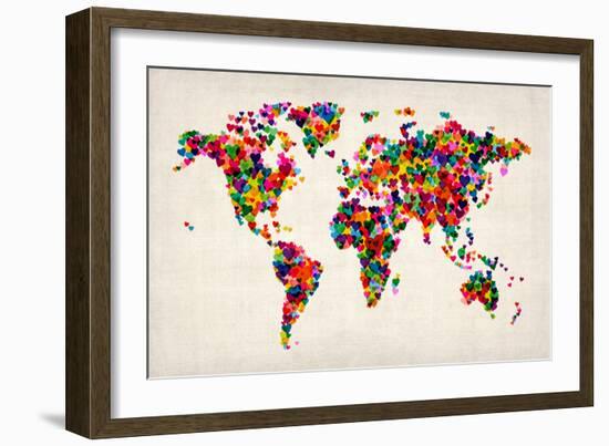 Love Hearts Map of the World Map-Michael Tompsett-Framed Premium Giclee Print