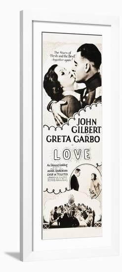 LOVE, l-r: Greta Garbo, John Gilbert on insert poster, 1927.-null-Framed Art Print