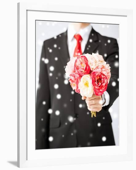 Love, Romance, Holiday, Celebration - Young Man Giving Bouquet of Flowers-dolgachov-Framed Photographic Print