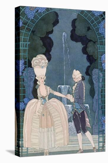 Love under the Fountain, Illustration For Fetes Galantes by Paul Verlaine-Georges Barbier-Stretched Canvas