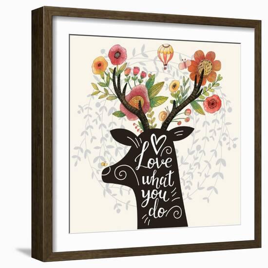 Love What You Do. Incredible Deer Silhouette with Awesome Flowers in Horns. Lovely Spring Concept D-smilewithjul-Framed Art Print