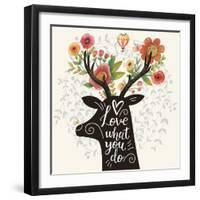 Love What You Do. Incredible Deer Silhouette with Awesome Flowers in Horns. Lovely Spring Concept D-smilewithjul-Framed Art Print