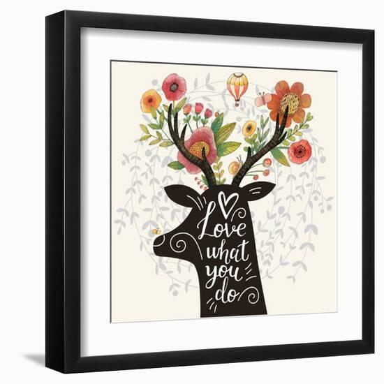 Love What You Do. Incredible Deer Silhouette with Awesome Flowers in Horns. Lovely Spring Concept D-smilewithjul-Framed Art Print