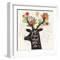 Love What You Do. Incredible Deer Silhouette with Awesome Flowers in Horns. Lovely Spring Concept D-smilewithjul-Framed Art Print