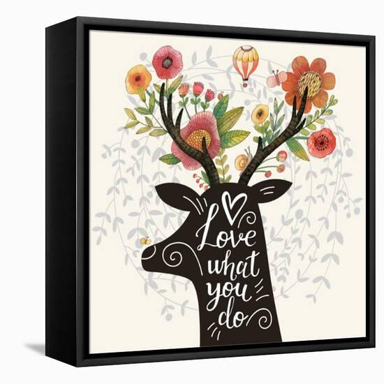 Love What You Do. Incredible Deer Silhouette with Awesome Flowers in Horns. Lovely Spring Concept D-smilewithjul-Framed Stretched Canvas