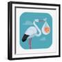 Lovely and Simple Vector Geometric Flat Design Web Icon on Childbirth with White Stork Holding Smil-Mascha Tace-Framed Art Print