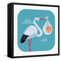 Lovely and Simple Vector Geometric Flat Design Web Icon on Childbirth with White Stork Holding Smil-Mascha Tace-Framed Stretched Canvas